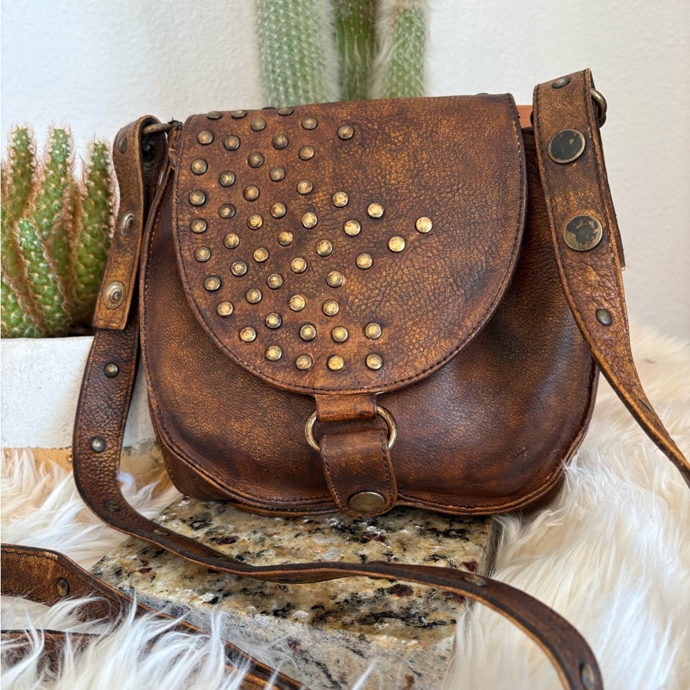 BED STU Rustic Studded Brown Leather Crossbody Bag